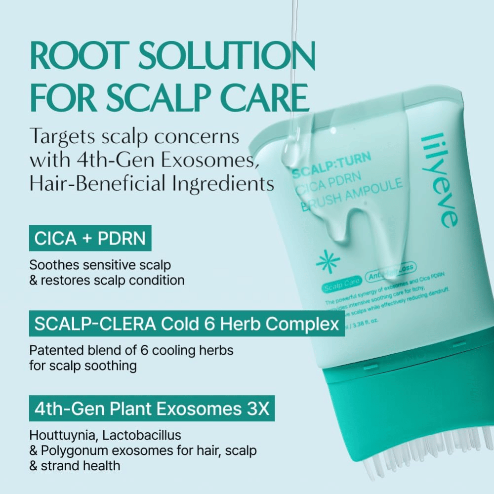 Produktbillede af LILYEVE Scalp:Turn Cica PDRN Brush Ampoule med beskrivelse af nøgleingredienser. Billedet fremhæver CICA, PDRN, kølende urtekompleks og plantebaserede exosomer, som hjælper med at berolige og pleje følsom hovedbund.