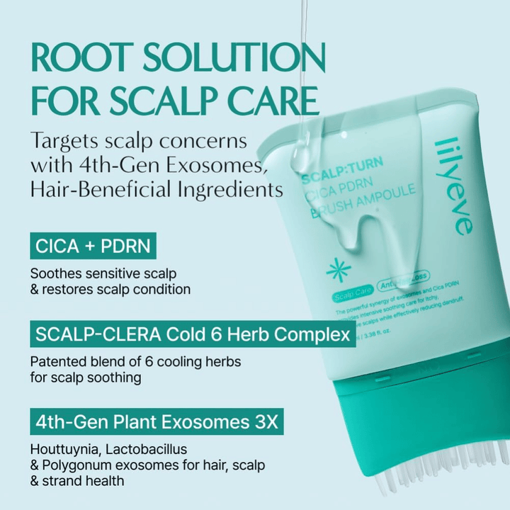 Produktbillede af LILYEVE Scalp:Turn Cica PDRN Brush Ampoule med beskrivelse af nøgleingredienser. Billedet fremhæver CICA, PDRN, kølende urtekompleks og plantebaserede exosomer, som hjælper med at berolige og pleje følsom hovedbund.