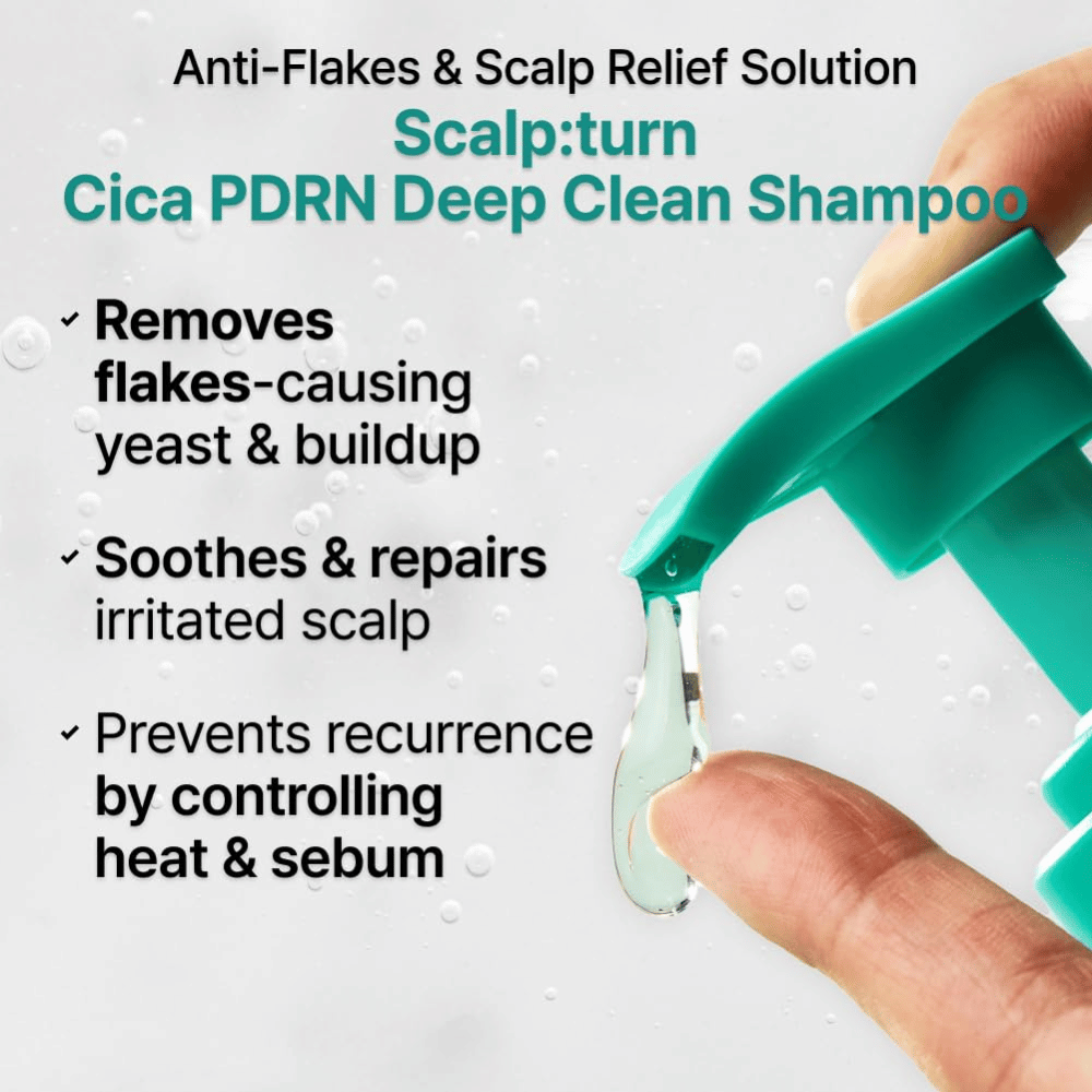 LILYEVE Scalp:Turn Cica PDRN Deep Clean Shampoo fjerner skæl, beroliger irriteret hovedbund og hjælper med at kontrollere talg og varmerelaterede hovedbundsproblemer.
