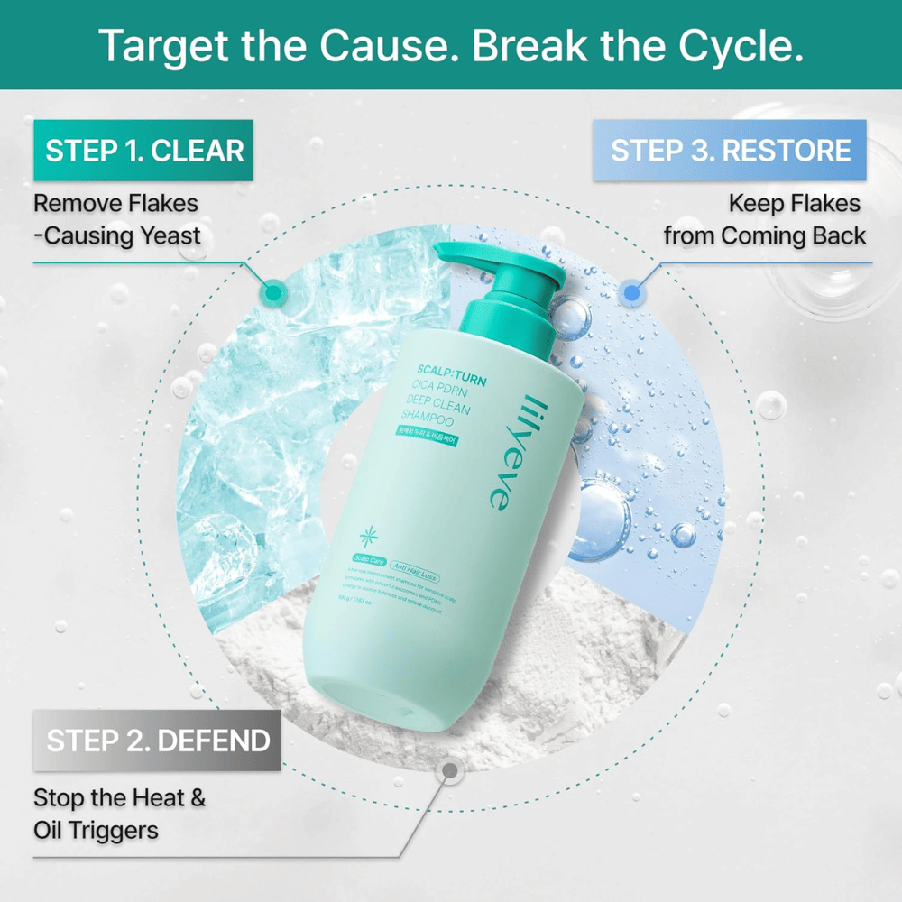 LILYEVE Scalp:Turn Cica PDRN Deep Clean Shampoo renser hovedbunden, modvirker skæl og overskydende talg samt hjælper med at forebygge tilbagevendende problemer.