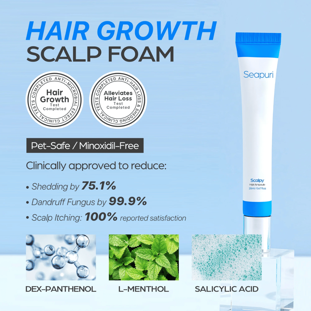 Seapuri Scalpy Hair Serum vises med tekst som fremhæver klinisk dokumenteret effekt: reduceret hårtab og skæl, øget hårvækst og beroliget hovedbund.