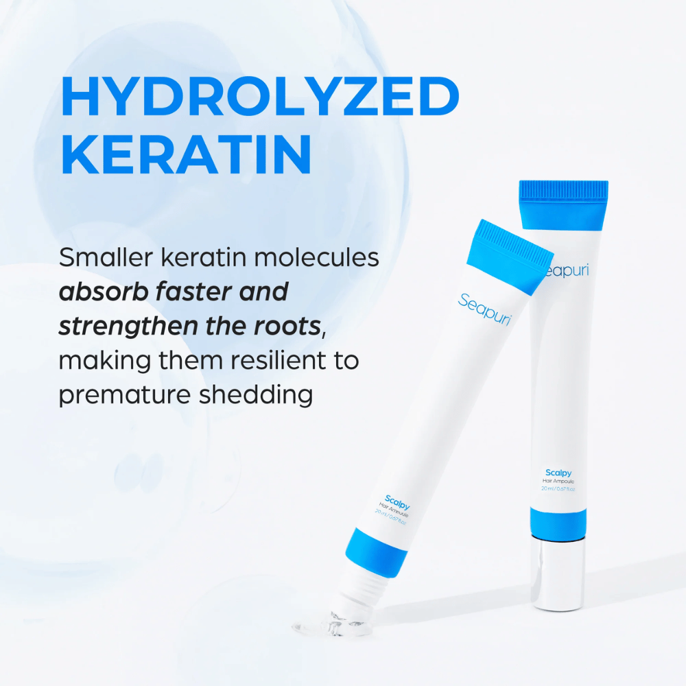To tuber af Seapuri Scalpy Hair Serum vises. Tekst beskriver hydrolyseret keratin som styrker hårsækkene og modvirker hårtab.