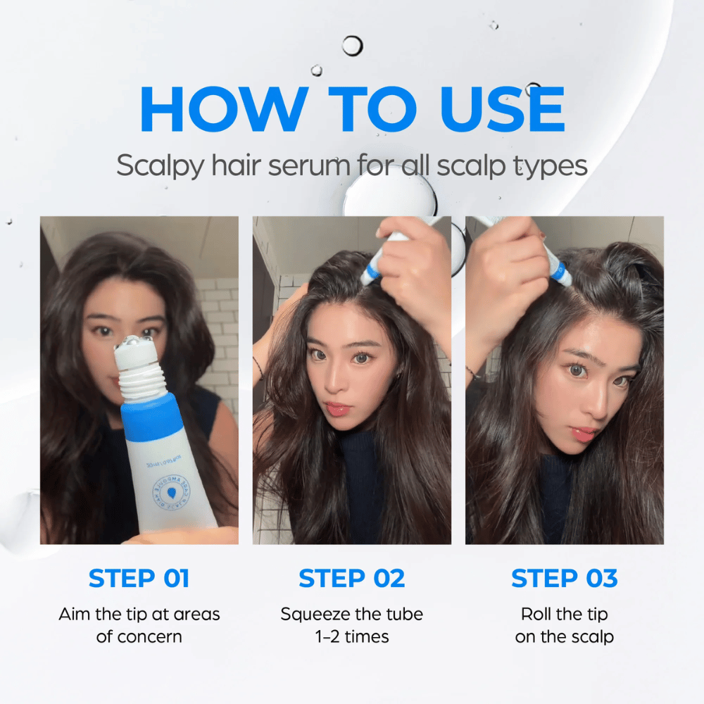 Kvinde anvender Seapuri Scalpy Hair Serum i hovedbunden. Trin-for-trin guide viser, hvordan man retter, trykker og ruller applikatoren for bedste resultat.