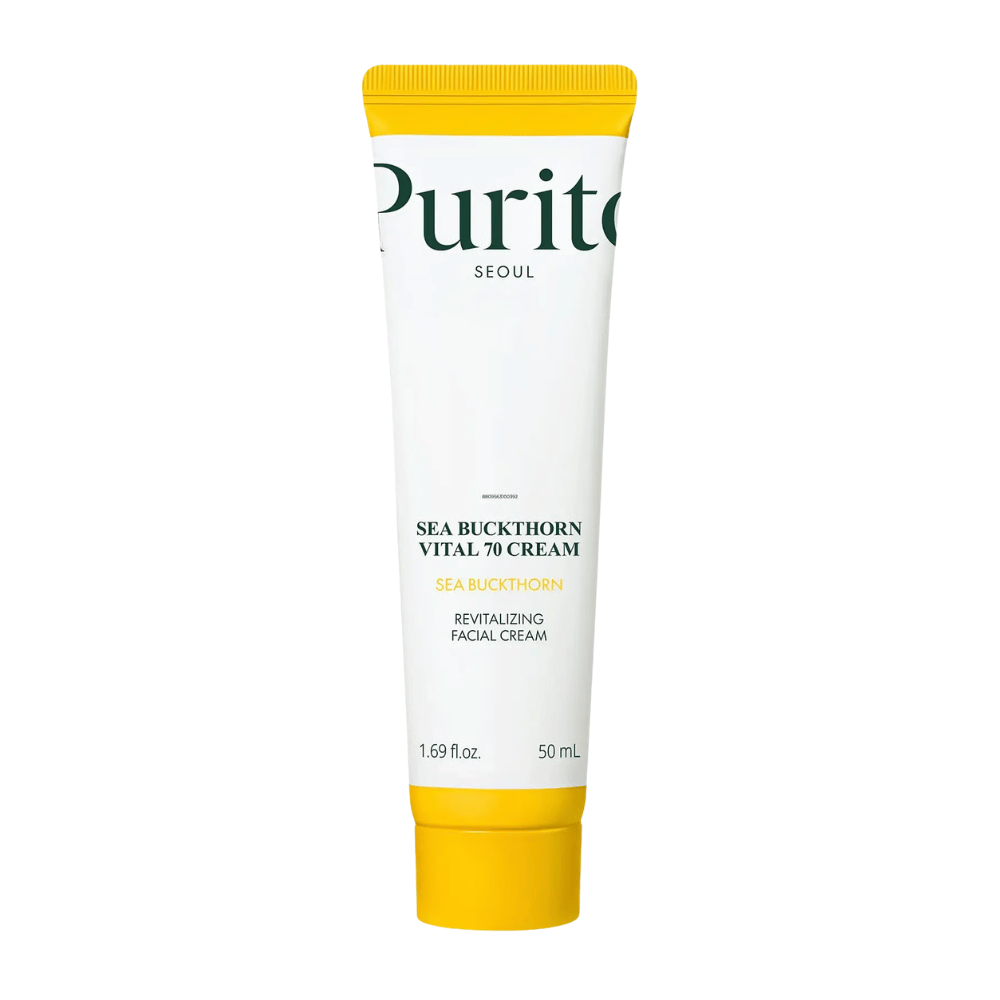 2. Purito SEOUL Sea Buckthorn Vital 70 Cream 50 ml – fugtgivende ansigtscreme med 70 % havtornekstrakt i hvid tube med gul hætte mod hvid baggrund