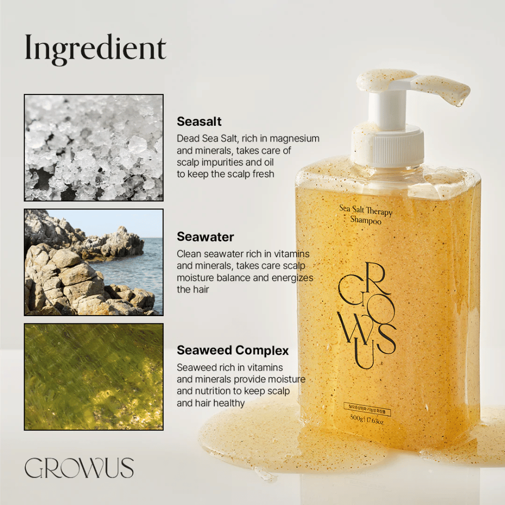 Ingredienser i GROWUS Sea Salt Therapy Shampoo med havsalt, havvand og tangkompleks til hovedbunden