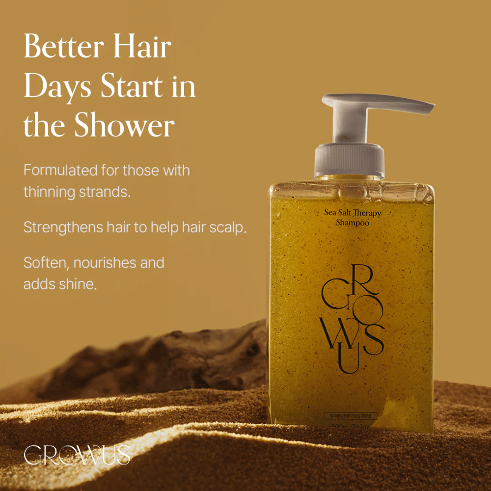 GROWUS Sea Salt Therapy Shampoo som styrker tyndt hår, giver glans og plejer hovedbunden med havsalt