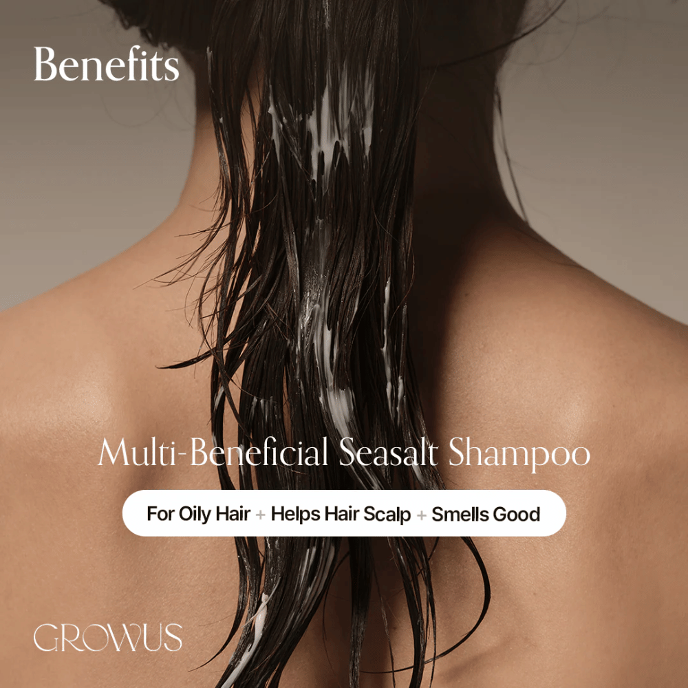 GROWUS Sea Salt Therapy Shampoo som renser fedtet hovedbund, balancerer olie og forbedrer hovedbundens sundhed