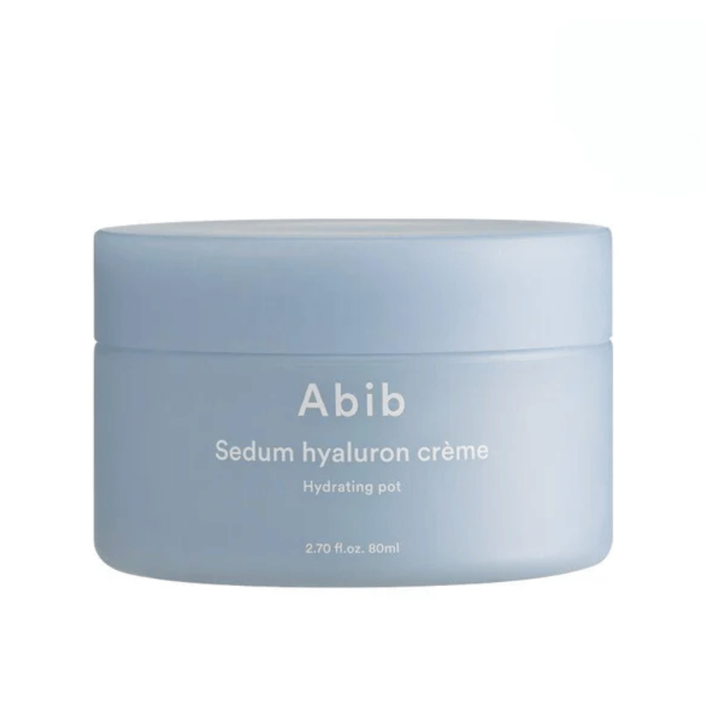 Abib Sedum Hyaluron Crème Hydrating Pot 80 ml i en stilren, lyseblå rund krukke med hvid tekst.