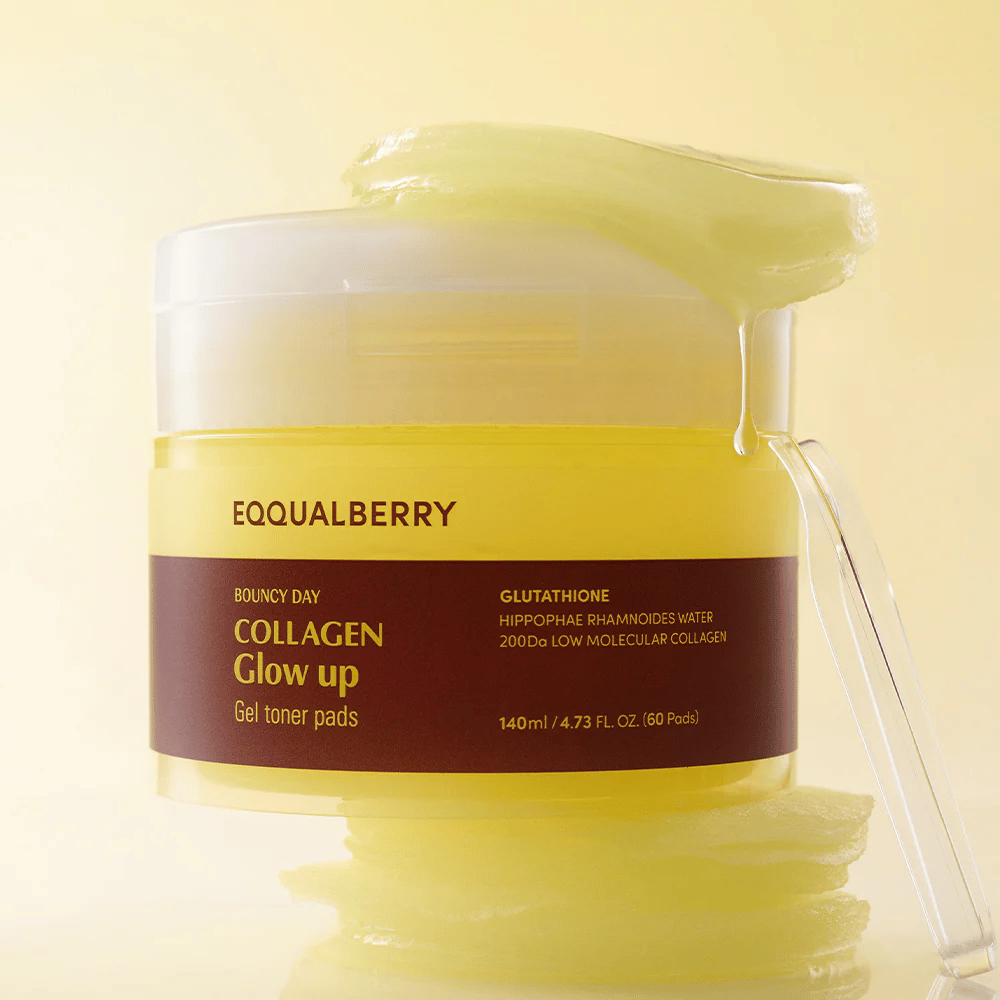 Bouncy Day Collagen Glow up Gel Toner Pads som indeholder lavmolekylært kollagen og glutathion for at give huden en sund glød og fugt.