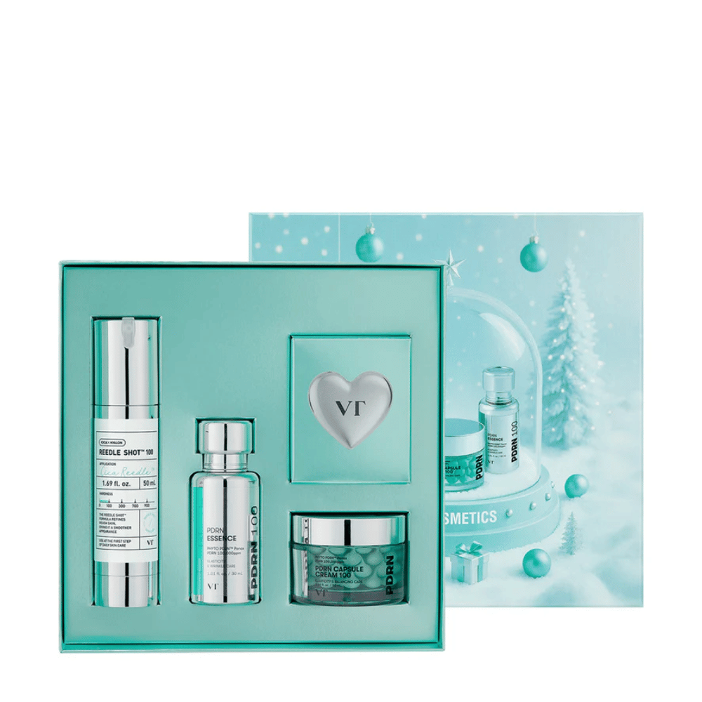 VT Cosmetics Shining Holiday Set – elegant gaveæske med Reedle Shot 100, PDRN Essence, PDRN Capsule Cream og nøglering.