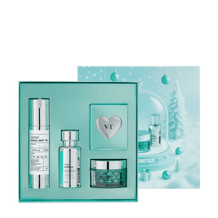 VT Cosmetics Shining Holiday Set – elegant gaveæske med Reedle Shot 100, PDRN Essence, PDRN Capsule Cream og nøglering.