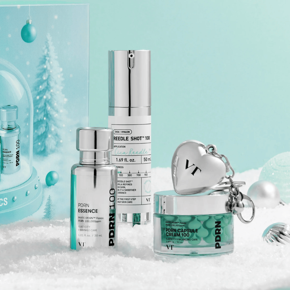 VT Cosmetics Shining Holiday Set – luksuriøs Hudplejesæt med PDRN Essence, Reedle Shot 100 og PDRN Capsule Cream i vinterinspireret design.