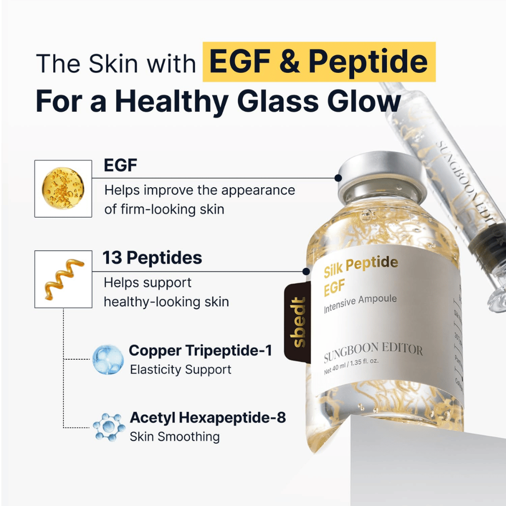 Silk Peptide EGF Intensive Ampoule indeholder EGF, 13 peptider samt kobbertripeptid-1 og acetylhexapeptid-8, som tilsammen hjælper med at støtte hudens elasticitet, forbedre hudens udseende og give en naturlig glød.