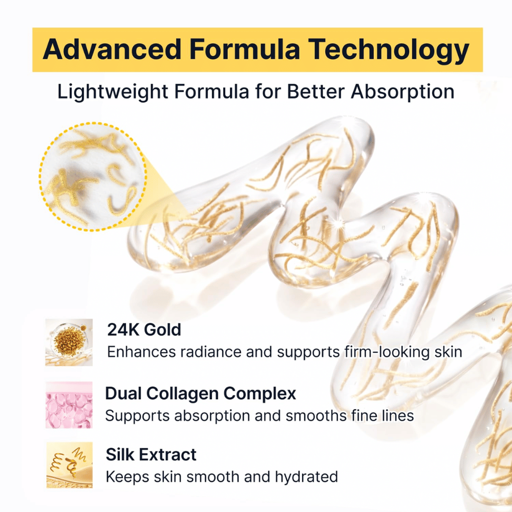 Silk Peptide EGF Intensive Ampoule kombinerer 24K guld, silkeekstrakt og et dobbeltkollagenkompleks for at give huden glød, fugt og en fastere følelse, samtidig med at den lette formel absorberes hurtigt.