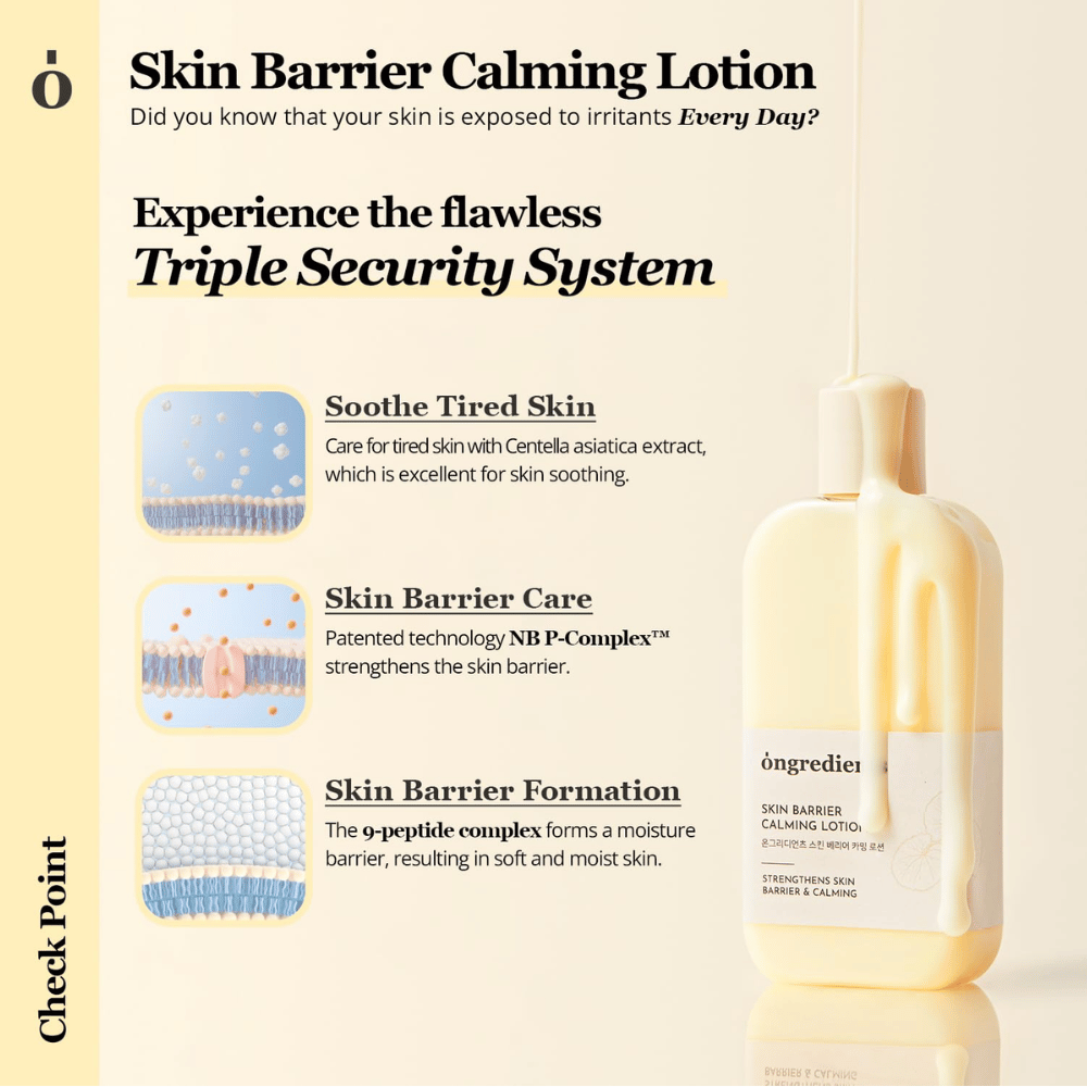 Ongredients Skin Barrier Calming Lotion med Centella Asiatica og peptider, som beroliger huden, styrker hudbarrieren og giver langvarig fugt.