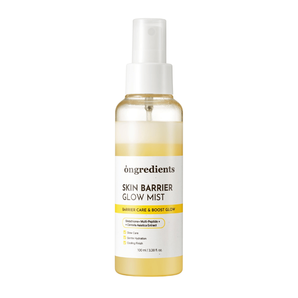 Ongredients Skin Barrier Glow Mist ansigtsspray med dual layer-formel, som fugter huden, styrker hudbarrieren og giver naturlig glow.