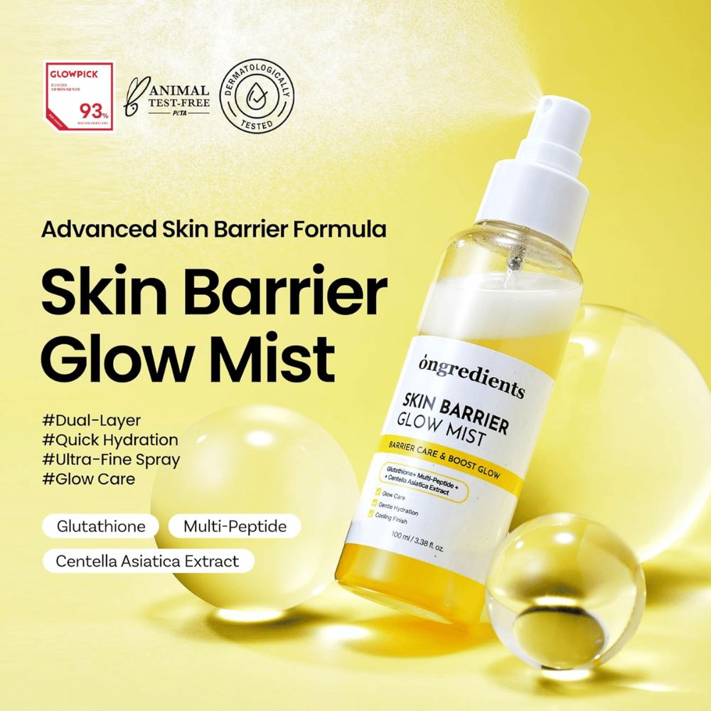 Ongredients Skin Barrier Glow Mist 100 ml ansigtsspray med ceramider, peptider og Centella Asiatica til fugt og barrierestyrkende effekt.