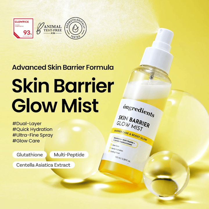 Ongredients Skin Barrier Glow Mist 100 ml ansigtsspray med ceramider, peptider og Centella Asiatica til fugt og barrierestyrkende effekt.