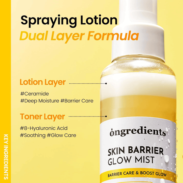 Ongredients Skin Barrier Glow Mist dual layer ansigtsspray med hyaluronsyre og ceramider, som giver dyb fugt og beskytter hudbarrieren.