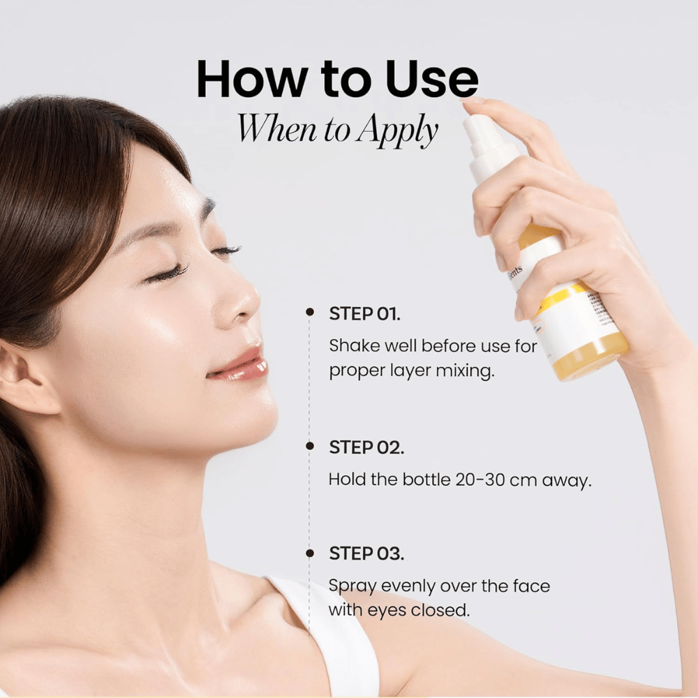 Ongredients Skin Barrier Glow Mist bruges som ansigtsspray 20–30 cm fra huden for hurtig fugt, glow og opfriskning i løbet af dagen.