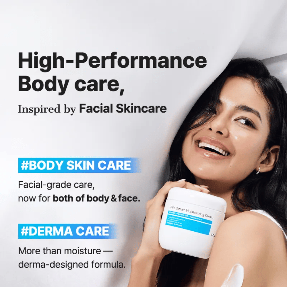 Kvinde med COSRX Skin Barrier Cream – kraftfuld kropspleje med ansigtsplejekvalitet og dermaformel.
