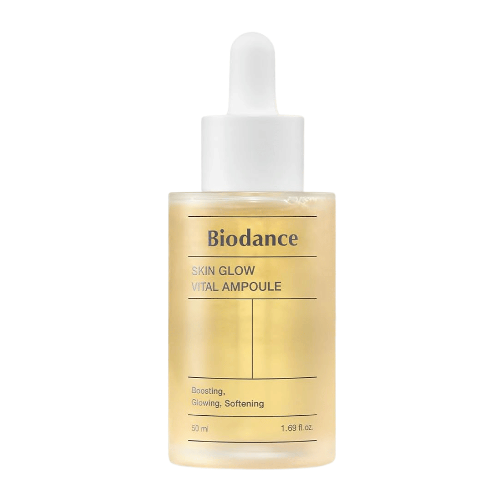 Flaske med Biodance Skin Glow Vital Ampoule, en ansigtsampul der booster, giver glød og blødgør huden. Indeholder 50 ml og er designet til at give huden en strålende og vitaliseret følelse.