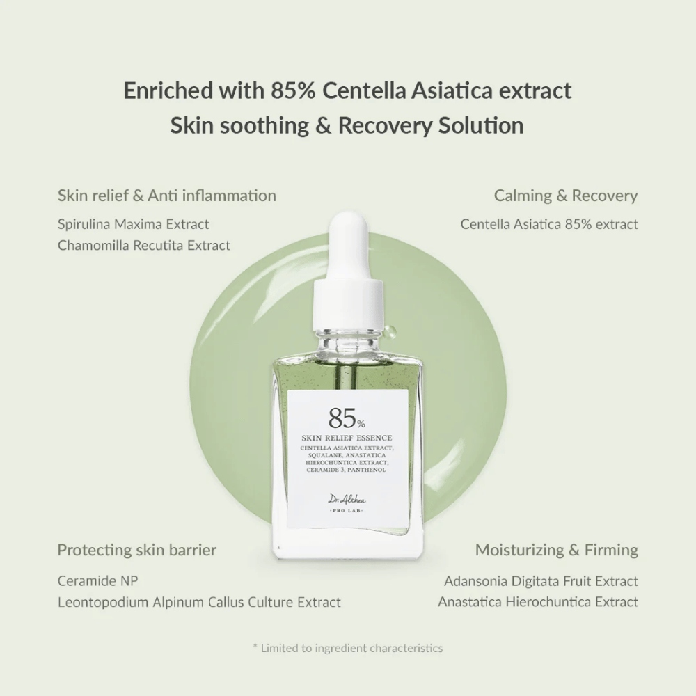 Dr. Althea Skin Relief Essence er beriget med 85 % Centella Asiatica-ekstrakt og tilbyder beroligende og reparerende pleje. Indeholder antiinflammatoriske ingredienser som spirulina og kamille, ceramider for at styrke hudbarrieren samt fugtgivende ekstrakter fra baobab og anastatica. Perfekt til følsom, rød og stresset hud.