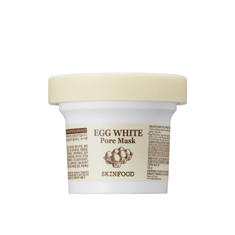 EN SKINFOOD Egg White Pore Mask 120g på hvid baggrund, designet til porerensning og hudforbedring.