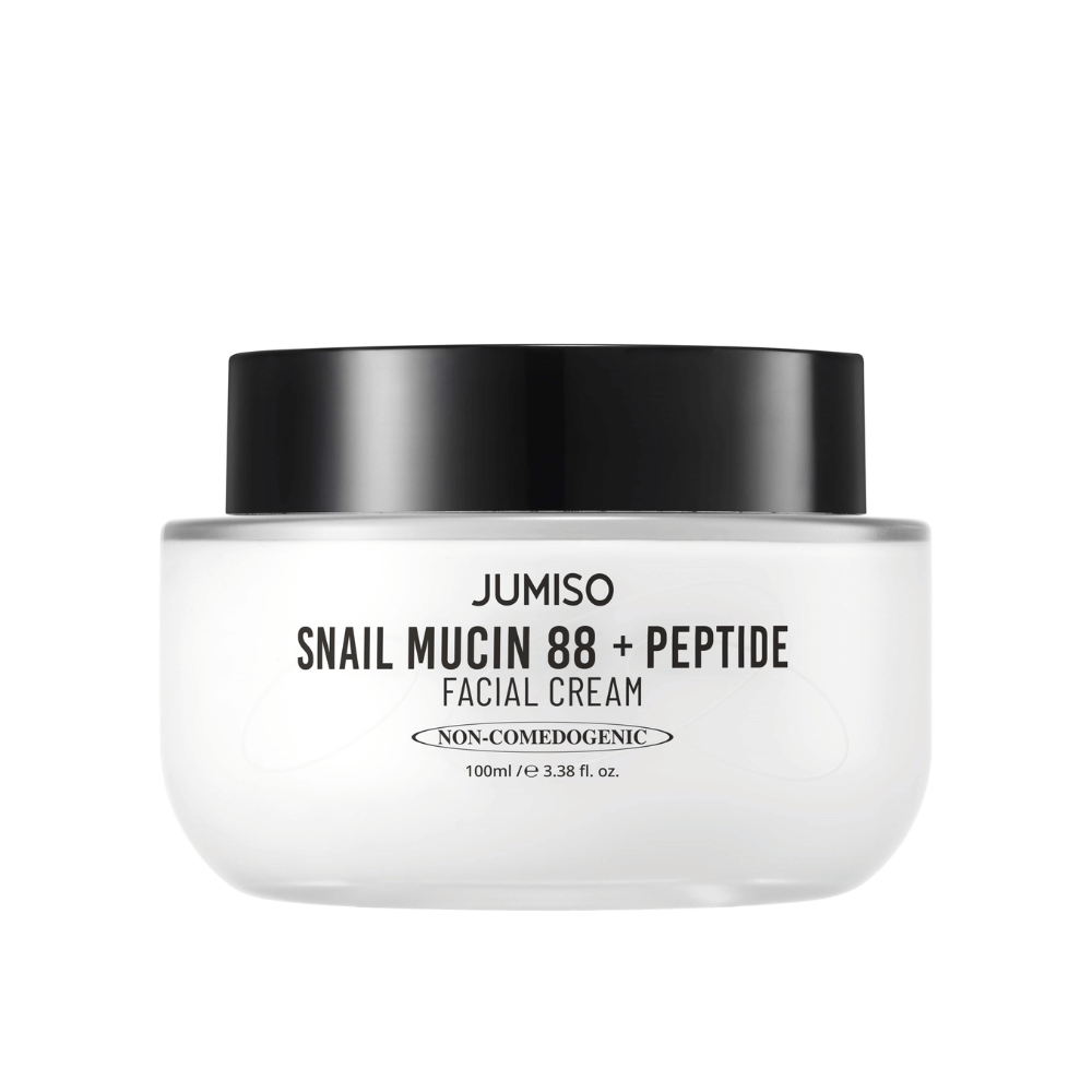 JUMISO Snail Mucin 88 + Peptide Facial Cream i en hvid beholder med sort låg. Ansigtscreme med 88 % snegleekstrakt og peptider til intensiv hudpleje og fugtighedsgivning.