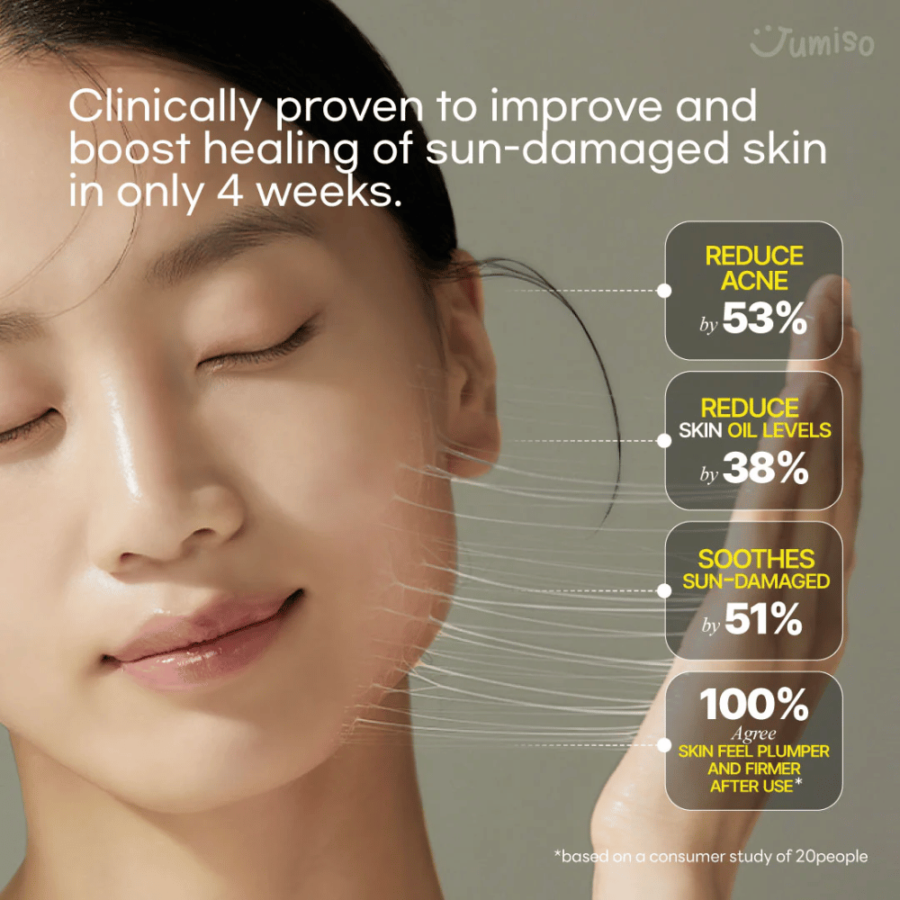 Smilende kvinde med glat og strålende hud illustrerer effekterne af Jumiso Snail Mucin 95 + Peptide. Klinisk bevist forbedring af solskadet hud inden for 4 uger.