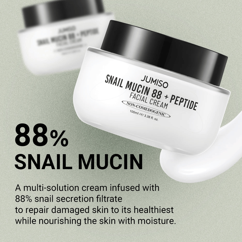 JUMISO Snail Mucin 88 + Peptide Facial Cream med 88 % snegleekstraktfiltrat, designet til at reparere beskadiget hud og fugte i dybden. Tekst på billedet beskriver dens genopbyggende og fugtgivende egenskaber.