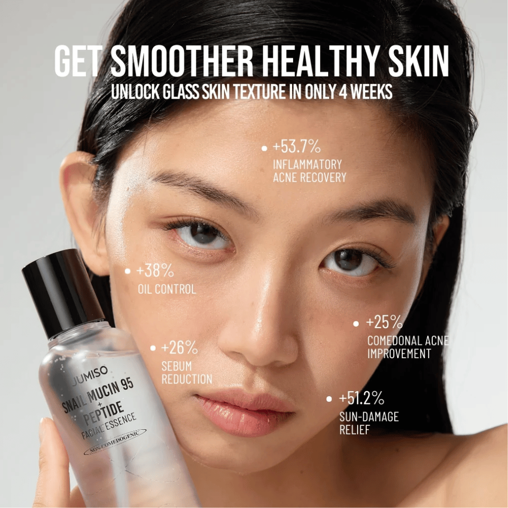 Kvinde med jævn hudtone holder i Jumiso Snail Mucin 95 + Peptide Facial Essence. Teksten viser forbedringer som reduceret akne, mindre olie og øget hudgenopretning.