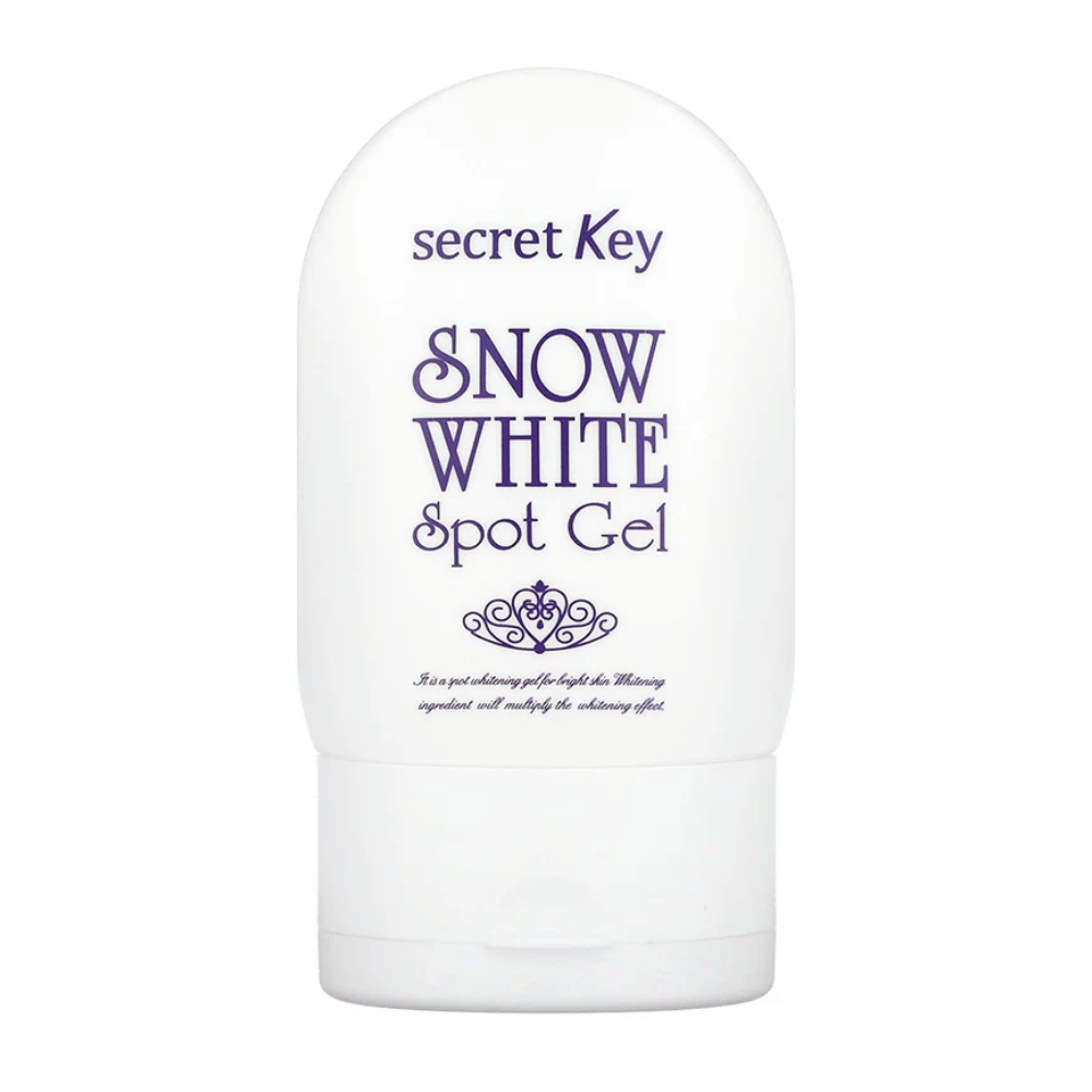 Produktbillede af Secret Key Snow White Spot Gel i hvid emballage med lilla tekst.