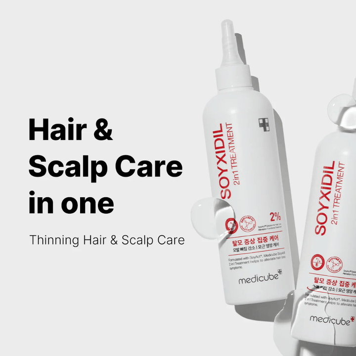 Medicube Soyxidil 2in1 Treatment vises med teksten “Hair & Scalp Care in one – Thinning Hair & Scalp Care”. For stærkere hår og sundere hovedbund.