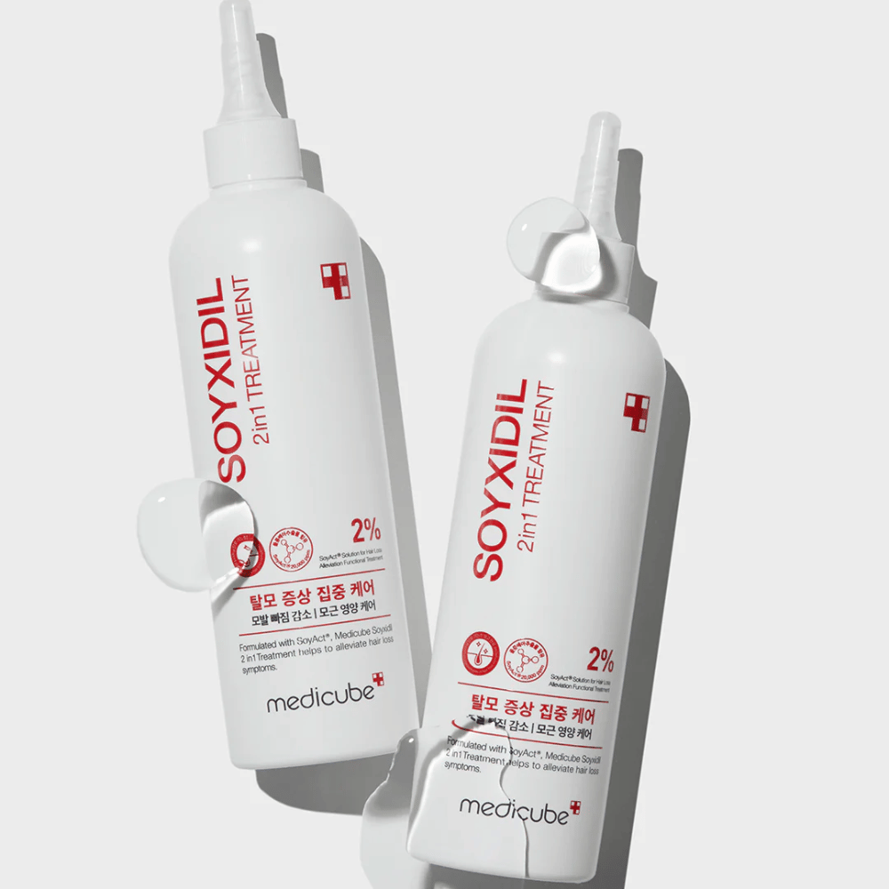 To flasker af Medicube Soyxidil 2in1 Treatment med tydelig tekst “2% SoyAct™ Solution”. Plejende behandling mod hårtab og tør hovedbund.