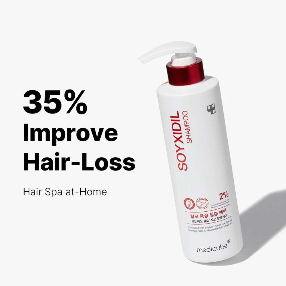 Medicube Soyxidil Shampoo vises med tekst: ”35% Improve Hair-Loss – Hair Spa at-Home”. Shampoo for hårtab og sund hovedbund.