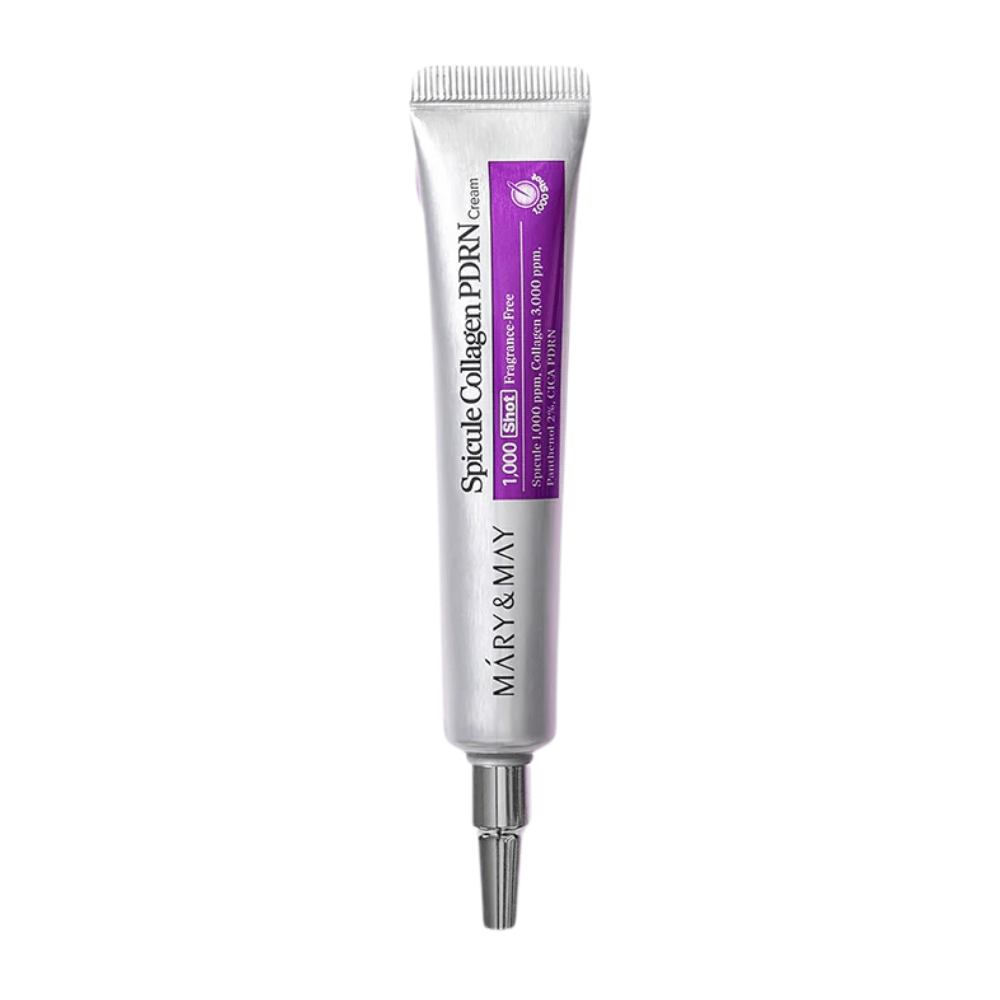 Mary & May Spicule Collagen PDRN Cream fritlagt produktbillede, koreansk ansigtscreme til hudelasticitet, genopretning og forbedret hudstruktur.
