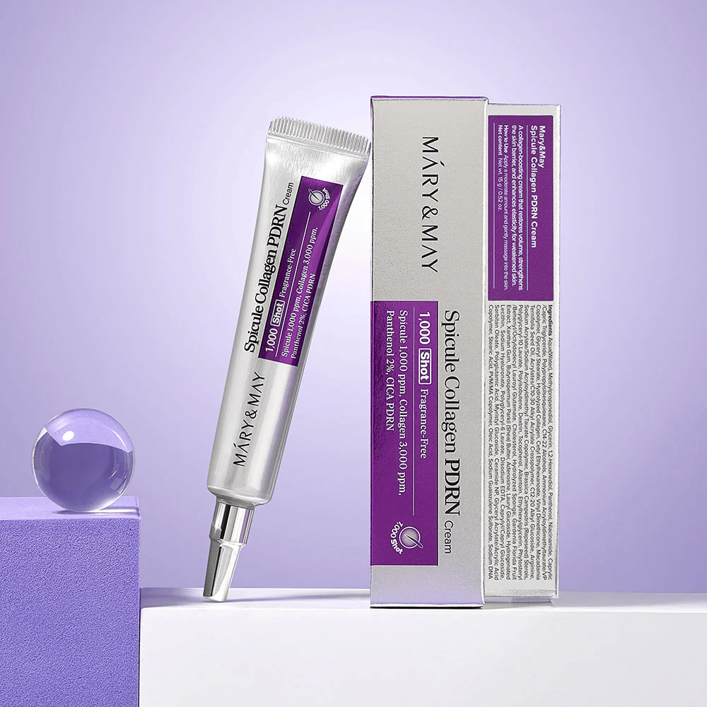 Mary & May Spicule Collagen PDRN Cream ved siden af originalemballage, regenererende ansigtscreme med kollagen, PDRN og spicule.