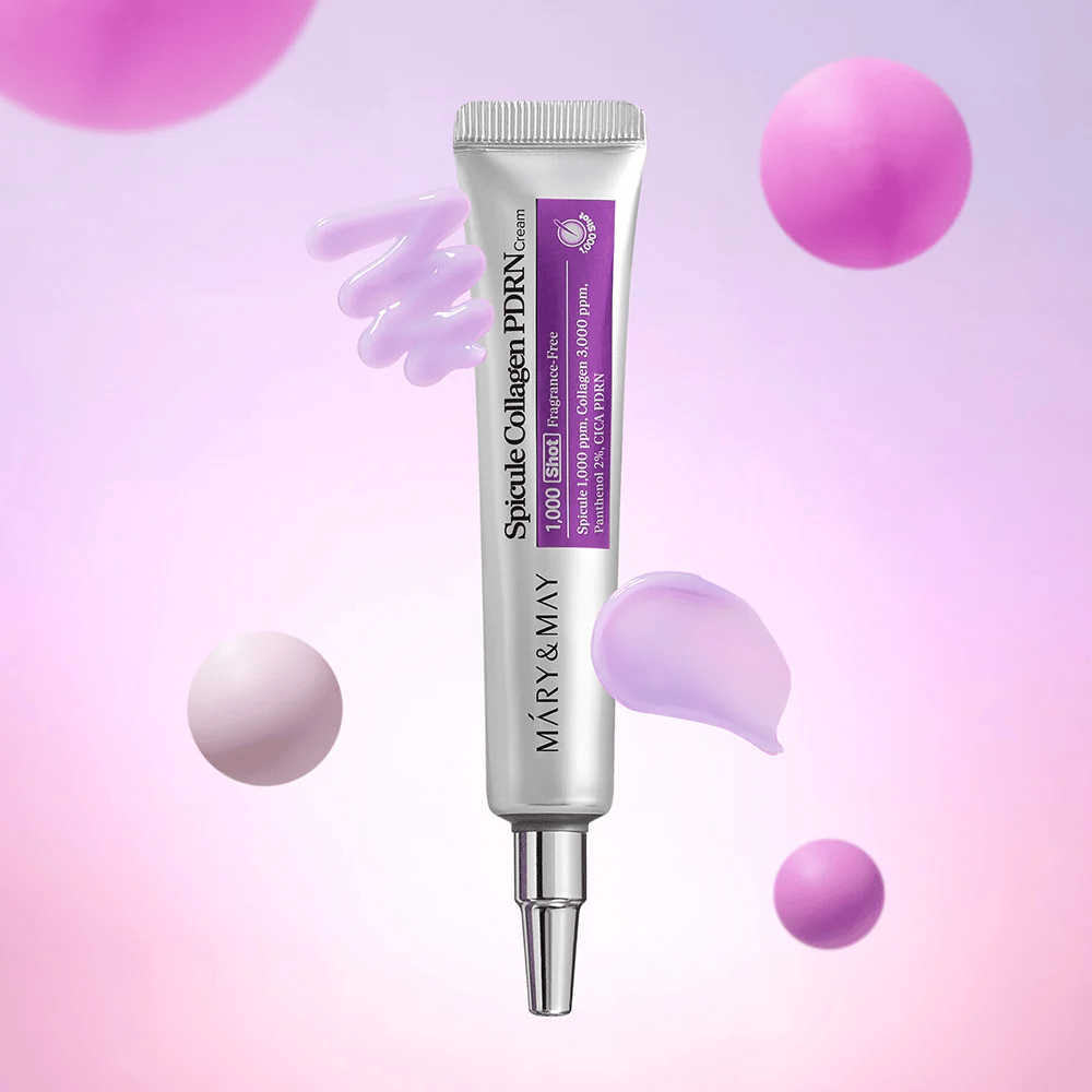 Mary & May Spicule Collagen PDRN Cream med cremetekstur, avanceret koreansk hudpleje, der stimulerer cellefornyelse og giver fastere hud.