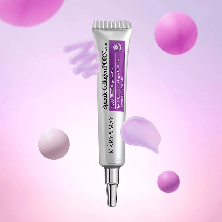 Mary & May Spicule Collagen PDRN Cream med cremetekstur, avanceret koreansk hudpleje, der stimulerer cellefornyelse og giver fastere hud.