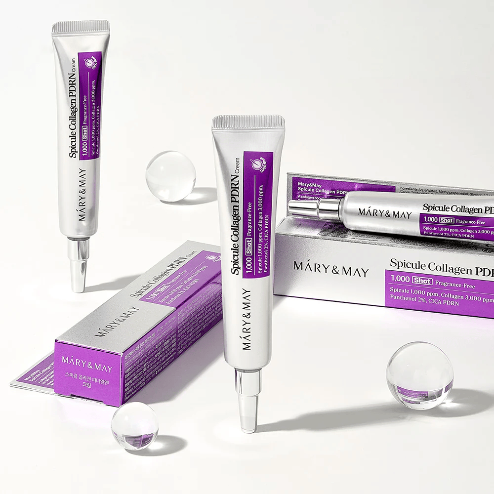 Mary & May Spicule Collagen PDRN Cream i tube med emballage, koreansk hudpleje med spicule, kollagen og PDRN til hudfornyelse og forbedret elasticitet.