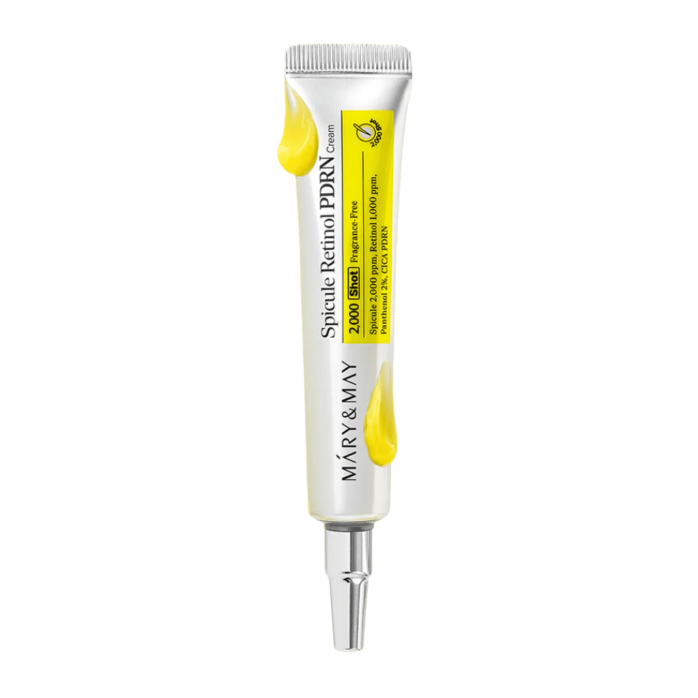 Produktbillede af MARY & MAY Spicule Retinol PDRN Cream i tube på hvid baggrund, en aktiv ansigtscreme med retinol og PDRN der passer til moden og ujævn hud.