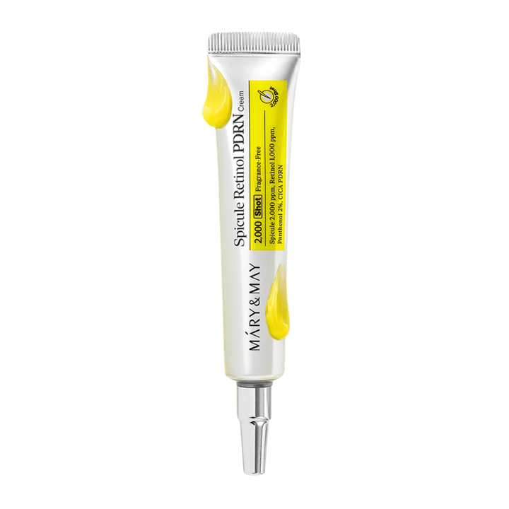 Produktbillede af MARY & MAY Spicule Retinol PDRN Cream i tube på hvid baggrund, en aktiv ansigtscreme med retinol og PDRN der passer til moden og ujævn hud.