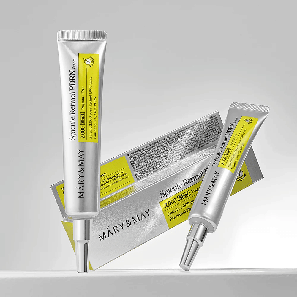 MARY & MAY Spicule Retinol PDRN Cream i tube sammen med originalemballage, en koreansk ansigtscreme med retinol og PDRN der understøtter hudens regenerering.