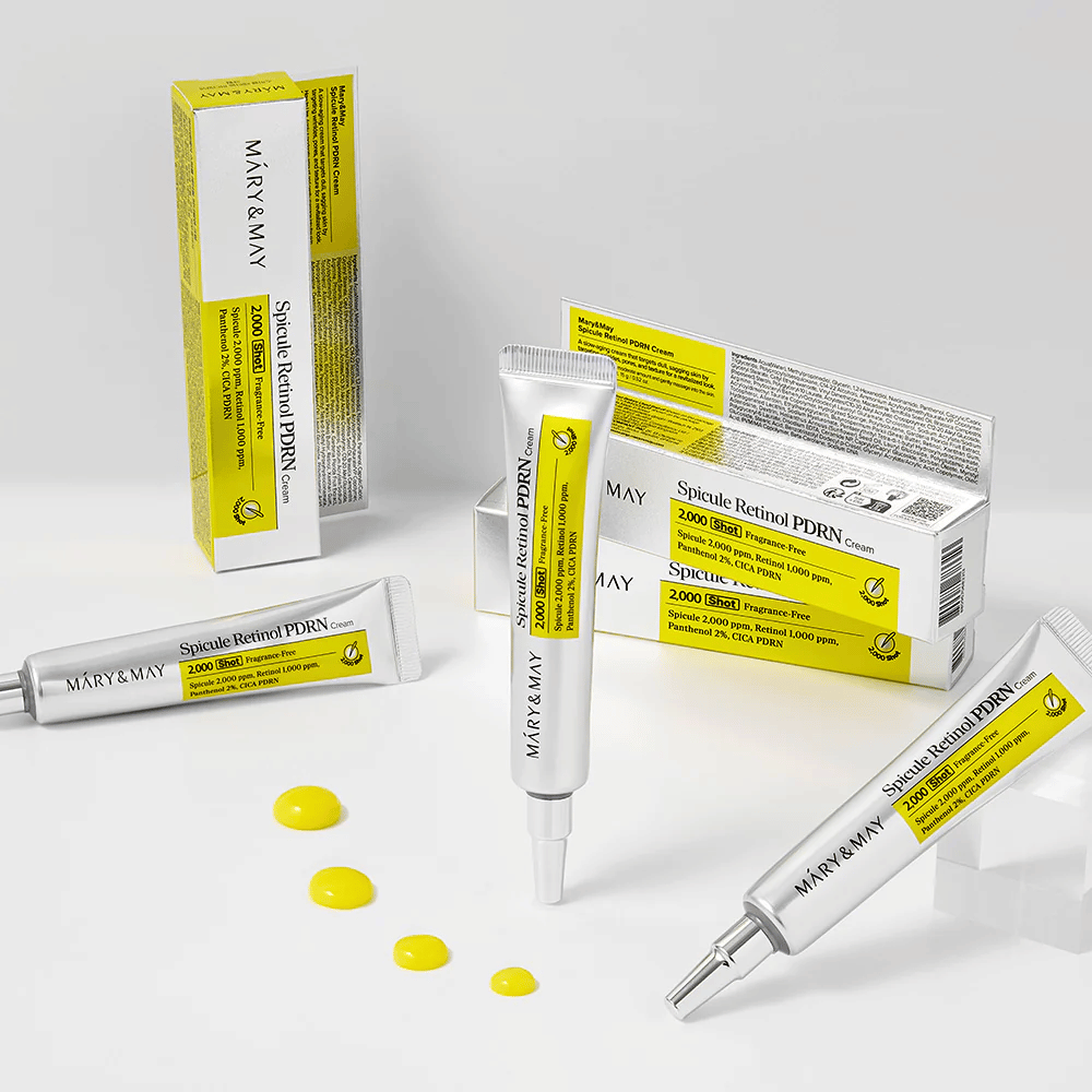 MARY & MAY Spicule Retinol PDRN Cream med flere tuber og synlig creme tekstur, udviklet til at stimulere cellefornyelse, forbedre elasticitet og give jævnere hudtone.