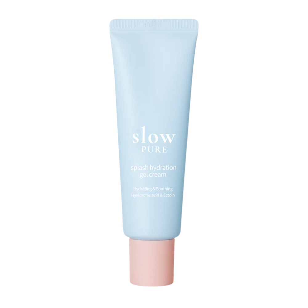 Slow Pure Splash Hydration Gel Cream i blå tube med lyserød kork, fugtgivende gelcreme med hyaluronsyre og ectoin.