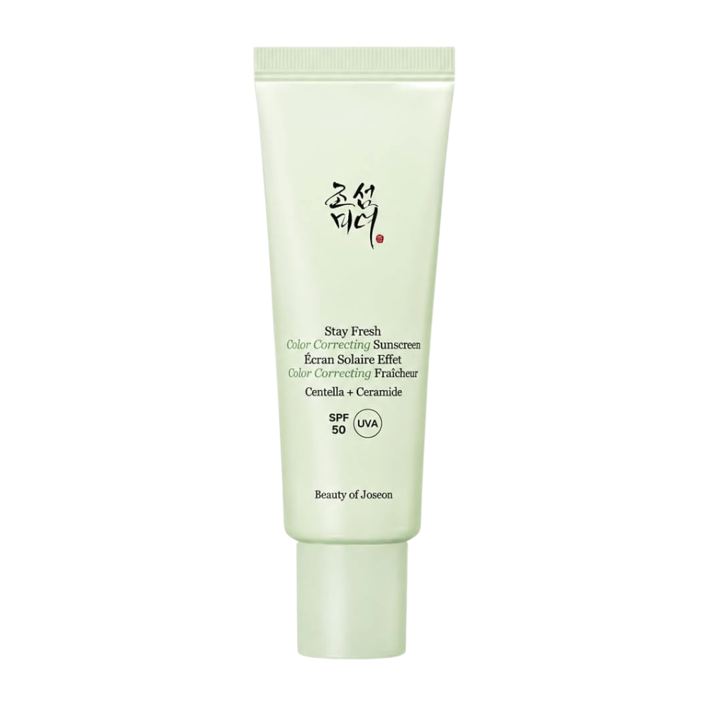 5. Beauty of Joseon Stay Fresh Color Correcting Sunscreen SPF 50 – grøn farvekorrigerende solcreme mod hvid baggrund