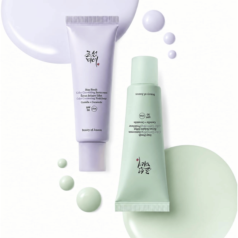 3. Beauty of Joseon Stay Fresh Color Correcting Sunscreen SPF 50 – grøn og lilla solcreme med farveprøver