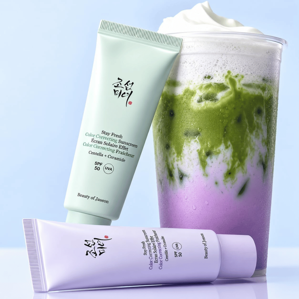 1. Beauty of Joseon Stay Fresh Color Correcting Sunscreen SPF 50 – grøn og lilla solcreme med matchadrik