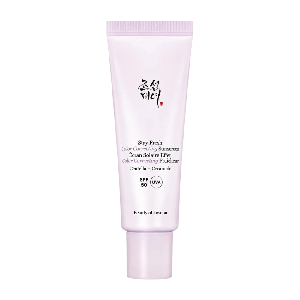 4. Beauty of Joseon Stay Fresh Color Correcting Sunscreen SPF 50 – lilla farvekorrigerende solcreme mod hvid baggrund